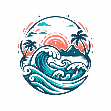Circular graphic of a tropical beach scene at sunsetのイラスト素材