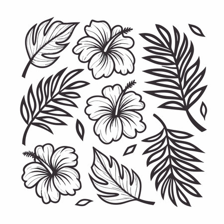 Floral Line Art Flowers and leaves in a patternのイラスト素材