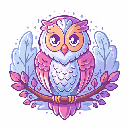 Cute owl perched on branch, surrounded by leaves and sparklesのイラスト素材