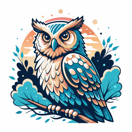 Cute owl graphic art, vibrant colors, sunset backgroundのイラスト素材
