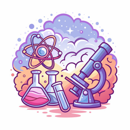 Science Illustration Atom, flasks, microscope, and nebulaのイラスト素材