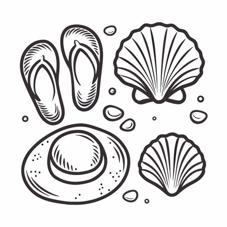 Beach accessories flip-flops, hat, seashellsのイラスト素材