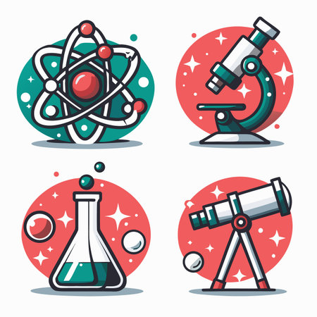 Four colorful science icons atom, microscope, flask, telescopeのイラスト素材