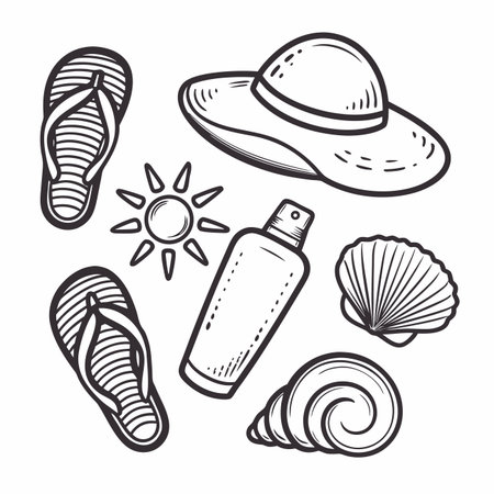 Summer essentials flip-flops, sunhat, sunscreen, seashellsのイラスト素材