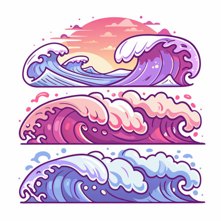 Three stylized ocean waves, pastel colors, sunsetのイラスト素材