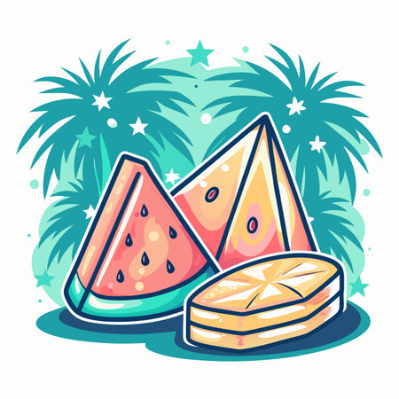 Watermelon &amp; melon slices, stylized summer treat designのイラスト素材