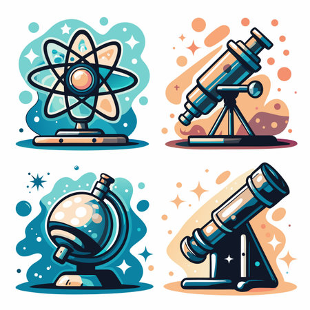 Four stylized scientific instruments, atom, telescope, and orrery, displayed on a white backgroundのイラスト素材