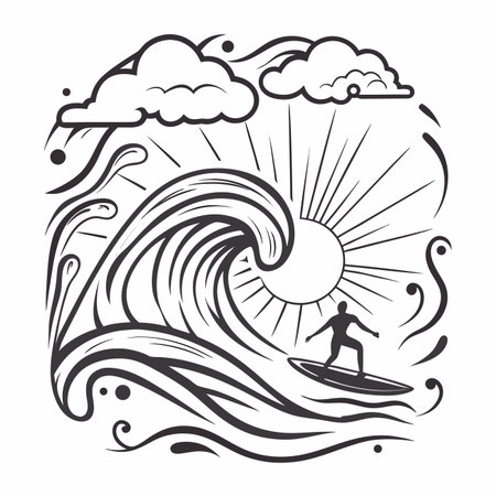 Surfer on a large wave, stylized graphicのイラスト素材