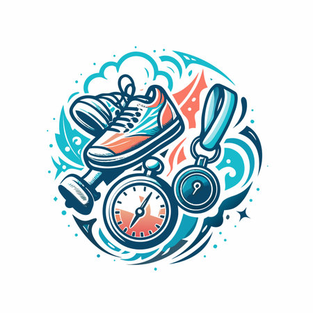 Running shoes, medal, compass, gym equipment,  in circular designのイラスト素材