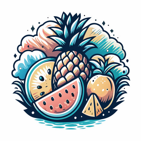 Tropical fruits pineapple, watermelon, melon, cloudsのイラスト素材