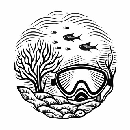 Underwater scene with fish, coral, rocks, and maskのイラスト素材