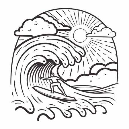 Surfer riding a wave, sun, and cloudsのイラスト素材