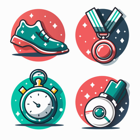 Flat design icons of running shoes, medal, stopwatch, and finish lineのイラスト素材