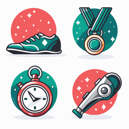 Sports gear shoe, medal, timer, and whistleのイラスト素材