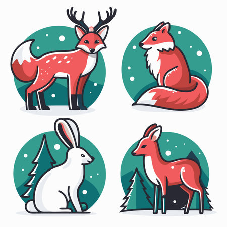 Four winter animals in circular framesのイラスト素材