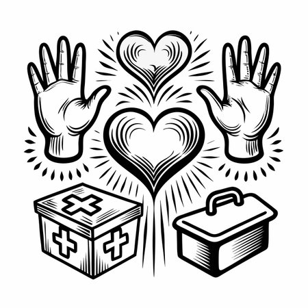 Vintage graphic design. Hearts, hands, and medical suppliesのイラスト素材