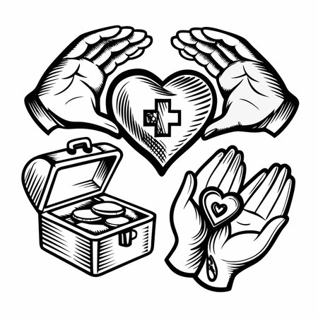 Hands holding heart &amp; treasure chest, vintage styleのイラスト素材