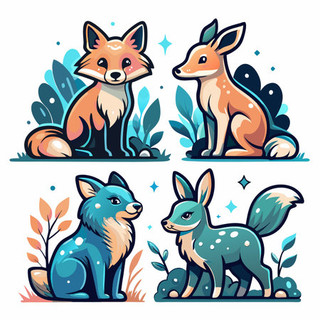 Cute cartoon animals, fox and deer, stylizedのイラスト素材