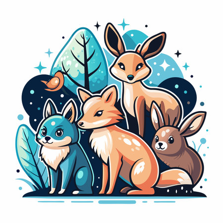 Cute woodland animals in a stylized forest sceneのイラスト素材