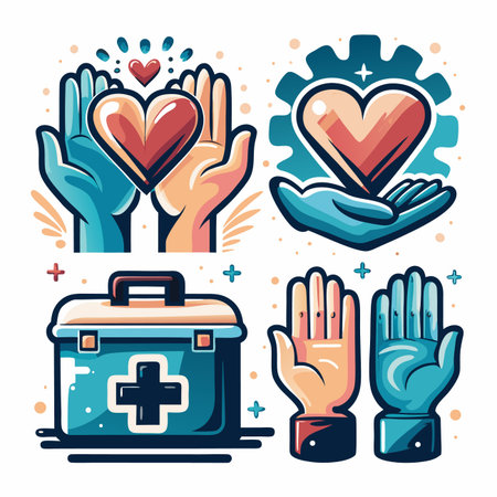 Hands holding hearts, medical kit, graphic designのイラスト素材