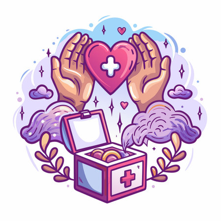 Hands holding a heart, a gift box with rings, and medical symbolのイラスト素材