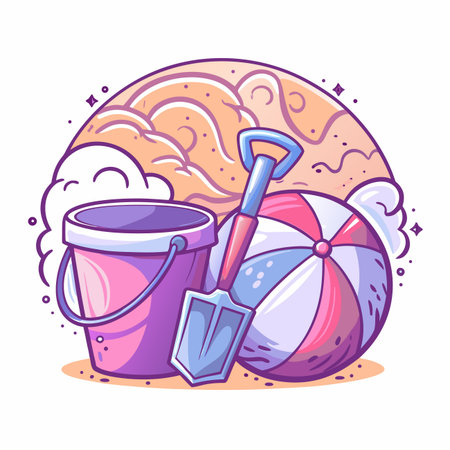 Cute beach toys, bucket, shovel, ball, wavesのイラスト素材