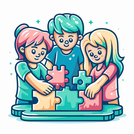 Three kids putting puzzle pieces togetherのイラスト素材