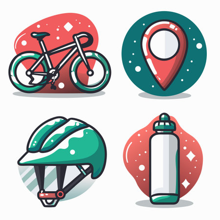 Four colorful icons bicycle, map pin, helmet, water bottleのイラスト素材