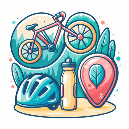 Colorful graphic of bike, helmet, water bottle, map marker, and nature elementsのイラスト素材