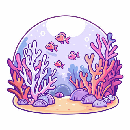 Cartoon aquarium with fish, corals and pebbles on sandy bottomのイラスト素材