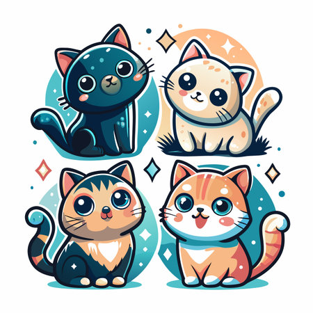 Four cute cartoon cats with big eyes and shiny backgroundsのイラスト素材