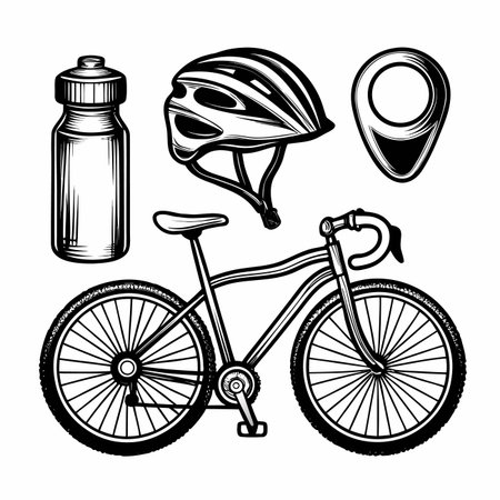 Bike gear bottle, helmet, location, bicycle drawingのイラスト素材