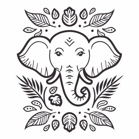 Elephant portrait. Hand-drawn, stylized with leaves motifのイラスト素材