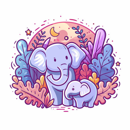 Cute elephants in a floral setting with moonのイラスト素材