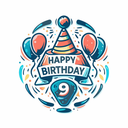 Ninth birthday, hat, balloons, confetti, cheerful illustrationのイラスト素材