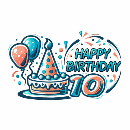 Colorful birthday graphic with cake, balloons, and textのイラスト素材