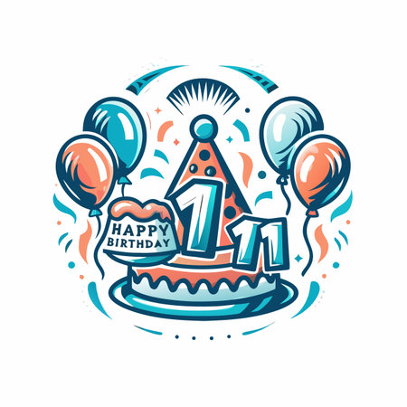 Eleventh birthday graphic with cake, hat, and balloonsのイラスト素材