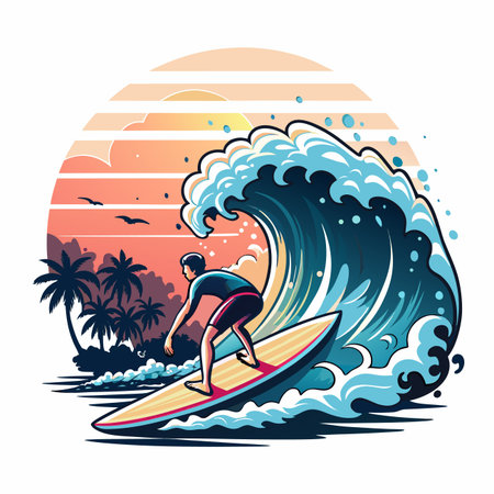 Surfer rides wave, tropical sunset backdropのイラスト素材