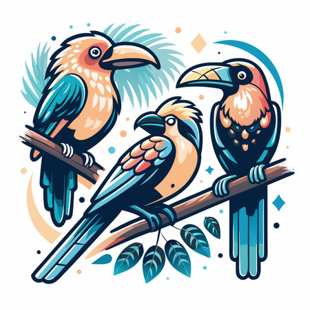 Colorful birds perch on branches, tropical leaves backgroundのイラスト素材