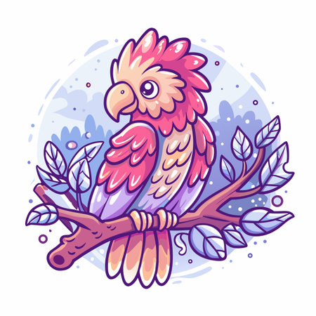 Cute cartoon parrot on branch, surrounded by leavesのイラスト素材