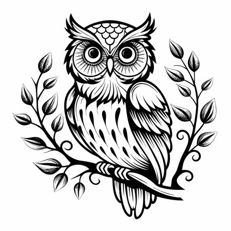 Detailed black and white owl on branch with leavesのイラスト素材