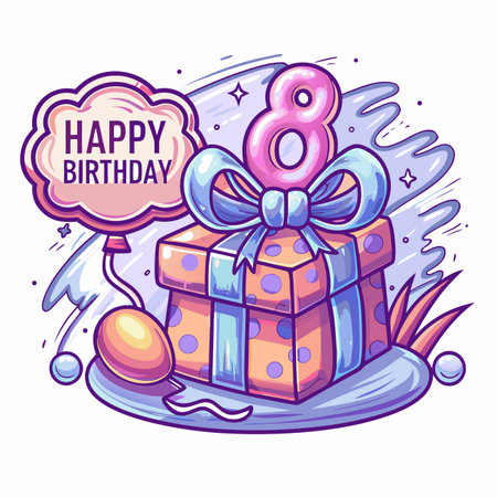 Birthday Number eight on gift box with balloon messageのイラスト素材