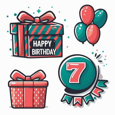 Festive seventh birthday with presents and balloonsのイラスト素材