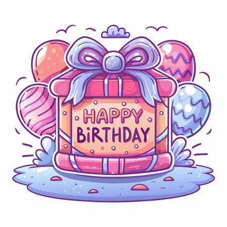 Giftbox with &quot;Happy Birthday&quot; text and balloons illustrationのイラスト素材