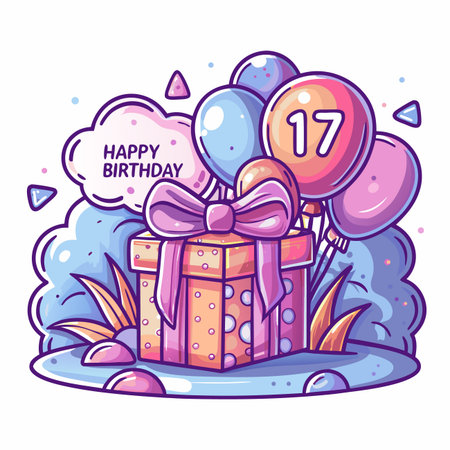 Gift box, balloons, and cloud for a 17th birthday celebrationのイラスト素材