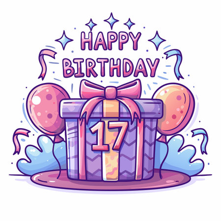 Cartoon celebration Gift, balloons, banner for seventeenのイラスト素材