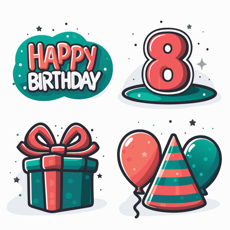 Eight Birthday party Gift, balloons, hat, happy wishesのイラスト素材
