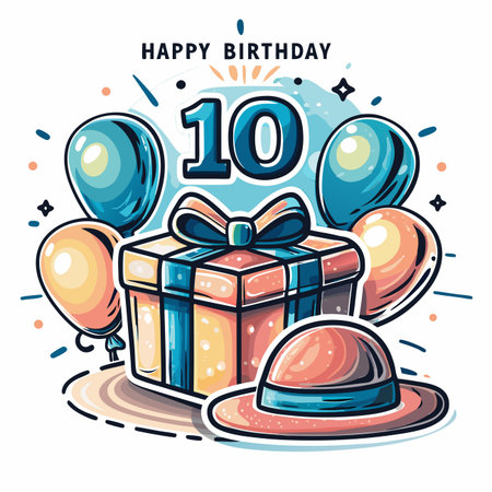 10th birthday with gift, balloons and a hatのイラスト素材