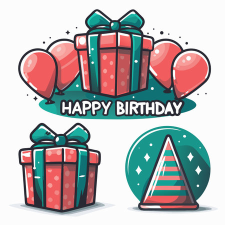 Birthday gifts, balloons, and hat illustrationのイラスト素材