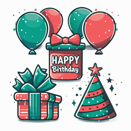 Birthday Balloons, gifts, and a party hat illustrationのイラスト素材